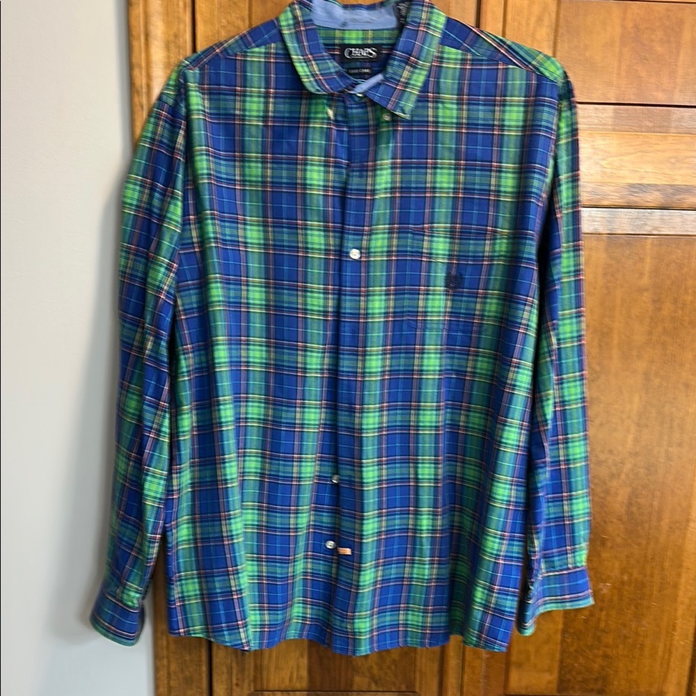 Chaps Men's Blue and Green Plaid Shirt